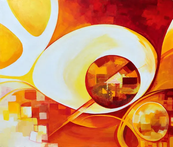 Abstract painting with red, orange and yellow circles.