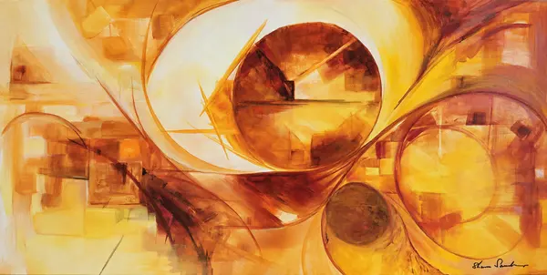 Wide abstract painting with golden circles.