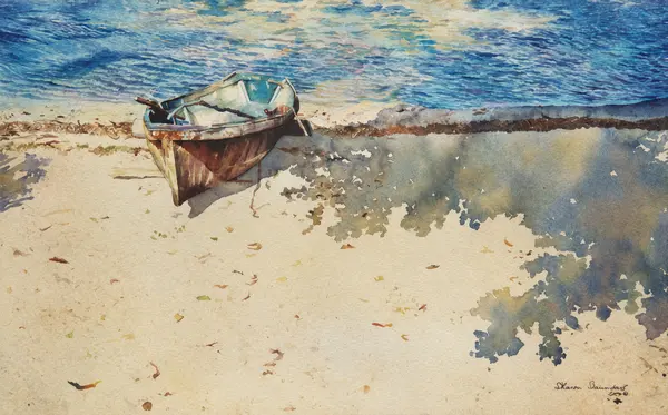 Boat on a shaded shore.