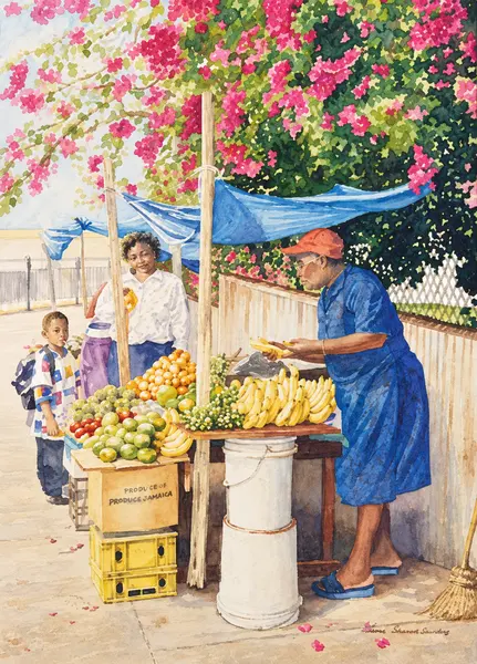 Street vendor beneath flowering vines.
