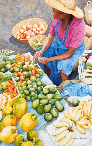 Produce vendor in a pink shirt.