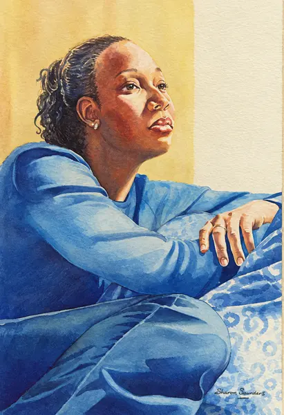 Seated figure in blue — close view.