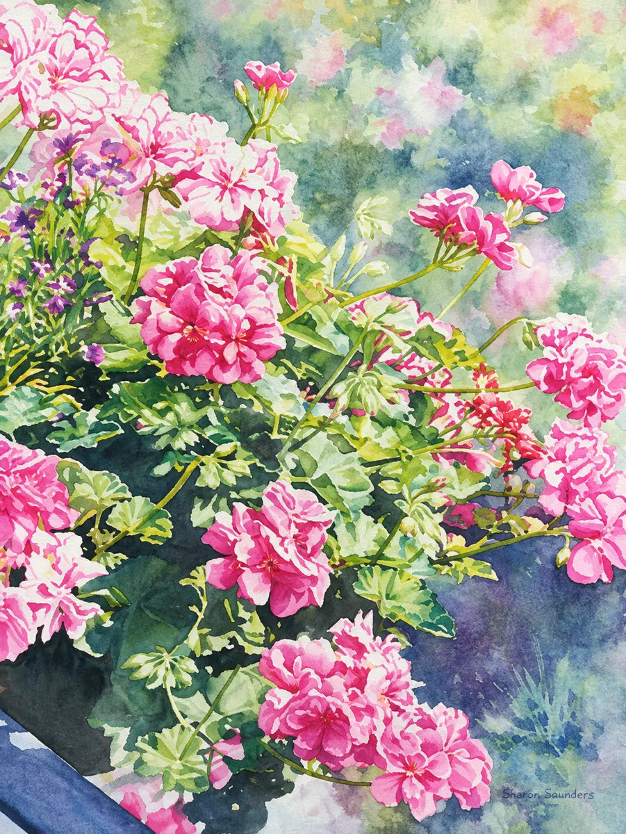 Pink roses in a garden.